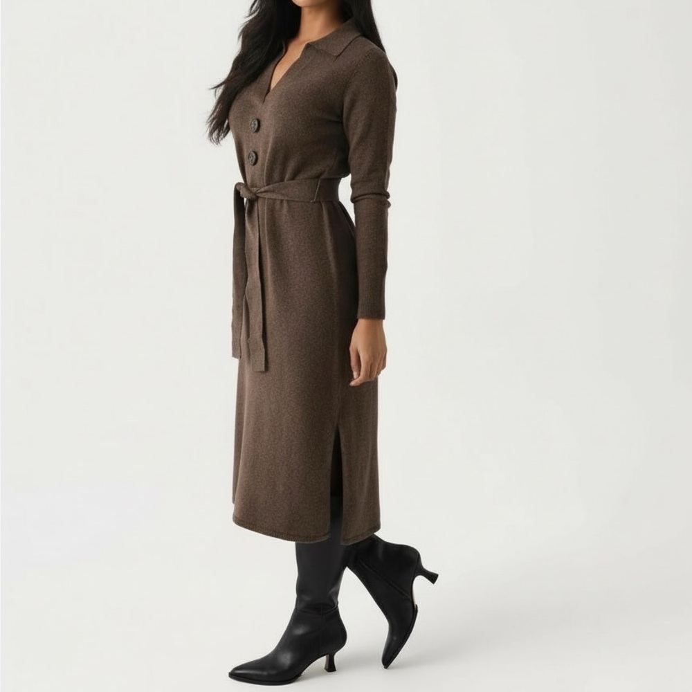 Nicole Miller Long Sleeve Knit Midi Sweater Dress Tie Waist in Olive Green Sz M
